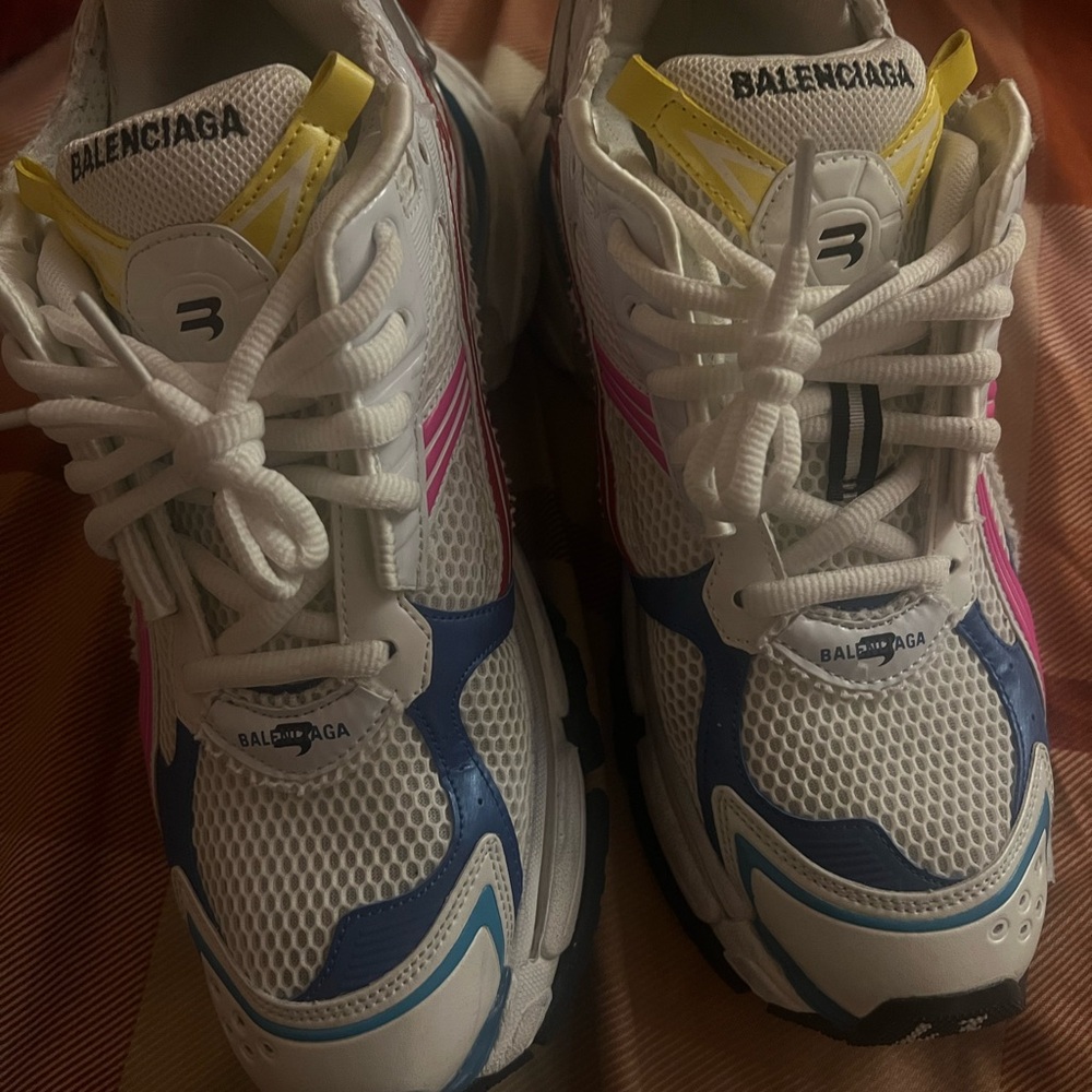 Balenciaga White and Blue Sneakers with Pink and Yellow Accents